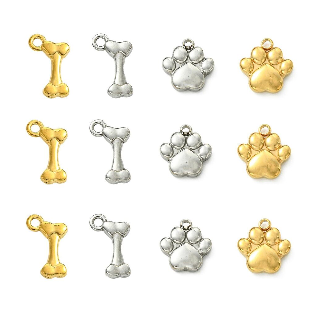 2660 12Pcs 4 Styles Dog Bone Paw Charms Stainless Steel Animal Dog Paw